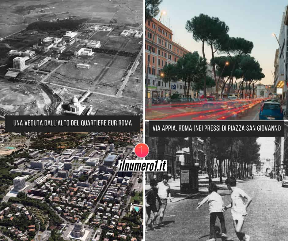 Tajani - A collage of photographs illustrating urban transformations and scenes of life in Rome, focusing on two areas: the EUR district and the Via Appia near Piazza San Giovanni.